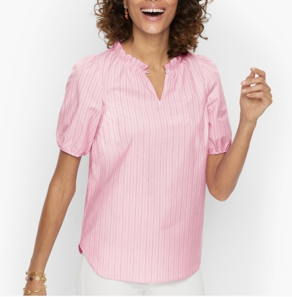 Talbots Pink Puff Sleeve Blouse with Frill Collar-Size M Petite New With Tag - Picture 3 of 11